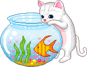 animated kitten with paws on rim of fish bowl looking at orange and yellow striped fish